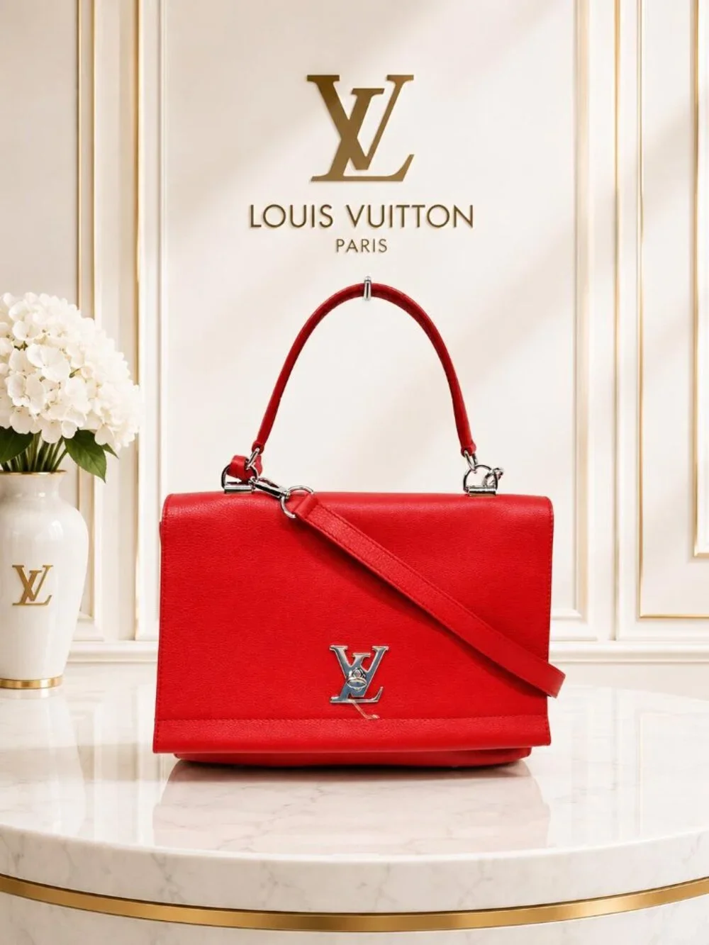 Authentic Louis Vuitton Lockme II Red Calfskin Leather Top Handle Crossbody Bag